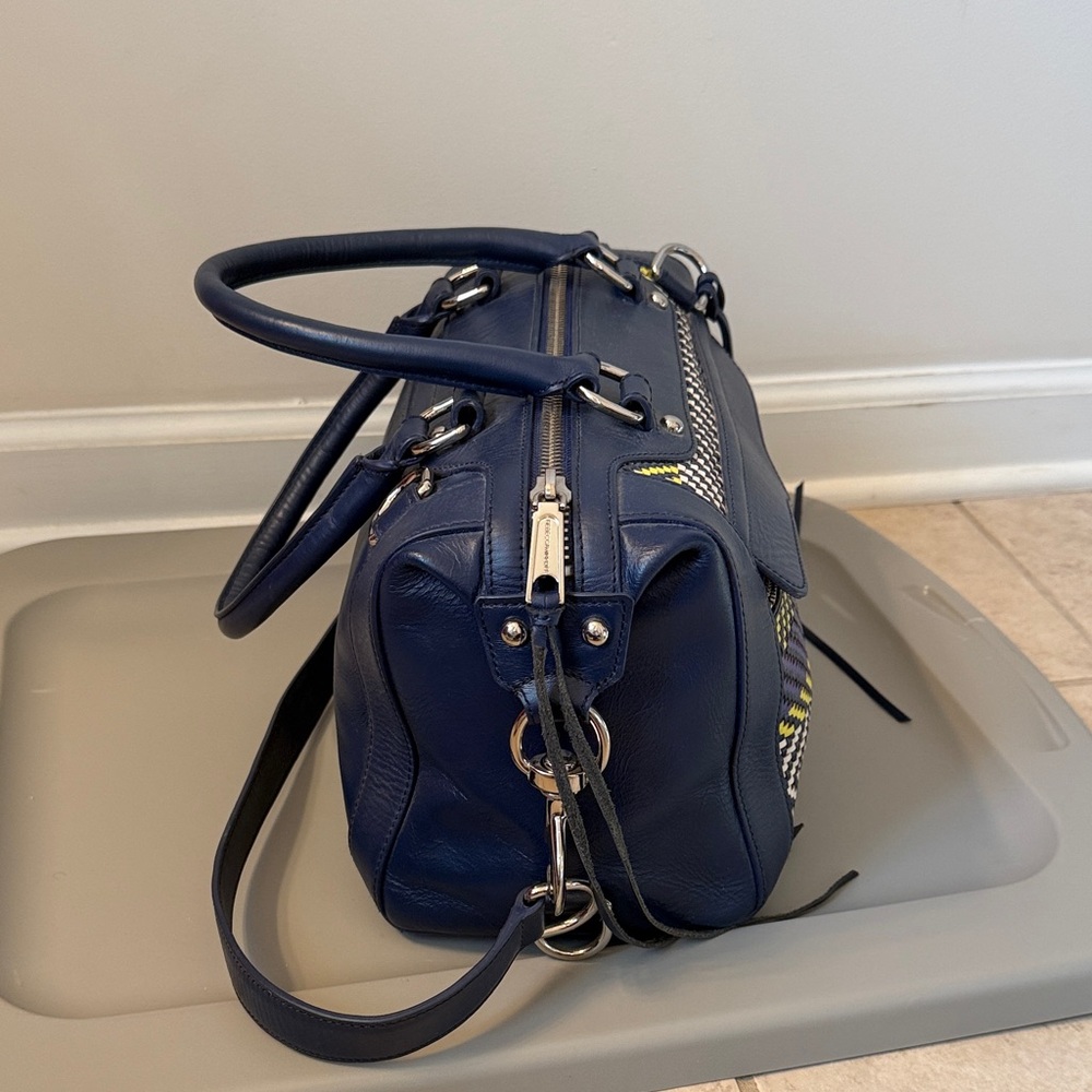 Rebecca Minkoff Navy Leather Satchel w/ Woven Panel & Tassel | Crossbody Bag - Picture 4 of 6